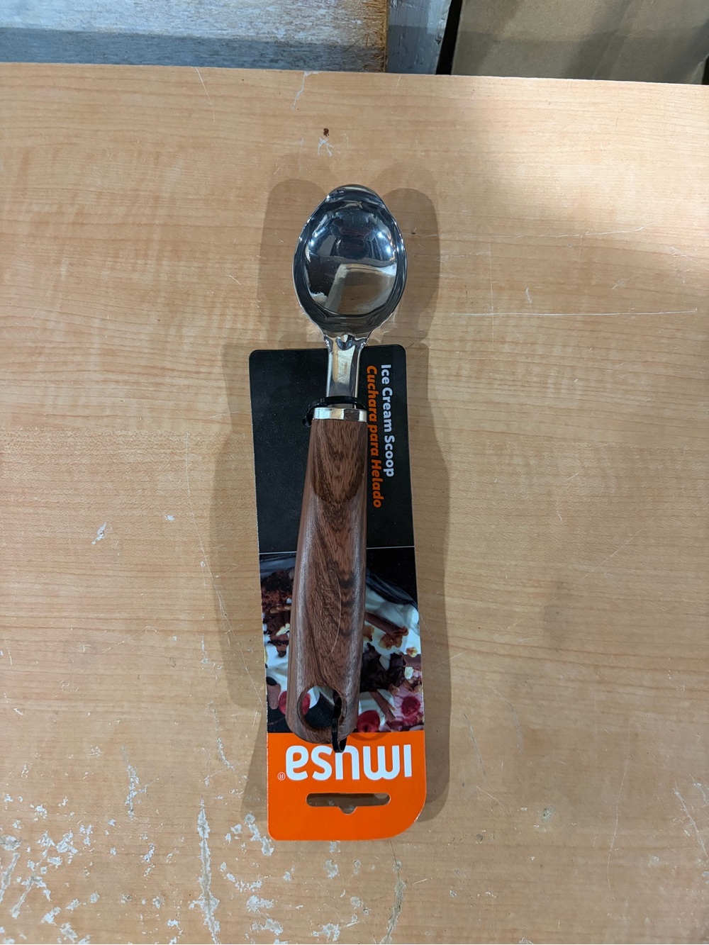 Wood-Effect Handle Ice Cream Scoop - Polished Stainless Bowl